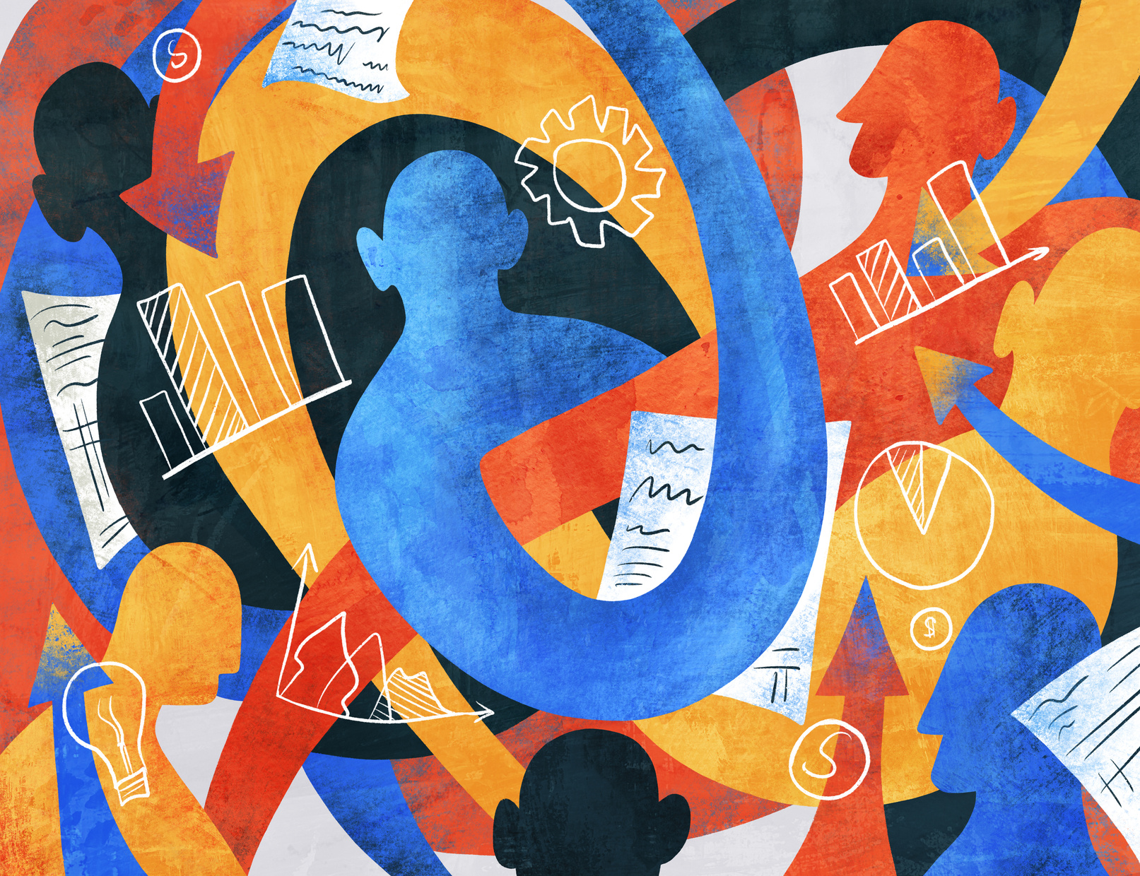 A colourful, slightly abstract illustration of a human figure with swirling arms and paperwork all around it