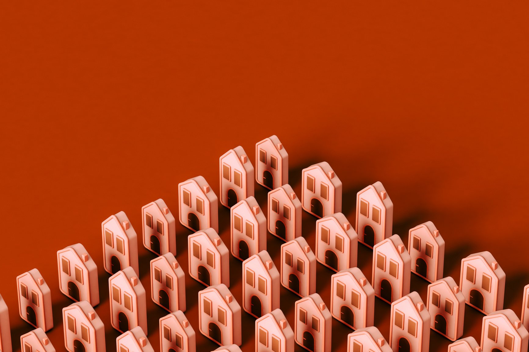 A triangle of cartoon-ish, flat houses in a dusty pink colour against a brick red background.