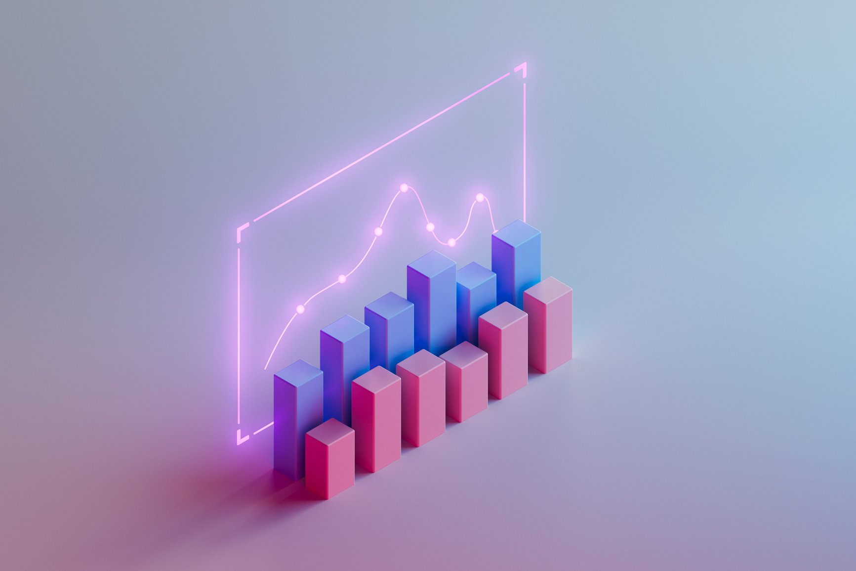 A hyper-real red and blue column chart, shown in 3D and positioned at an angle against a plain background. Behind the bars is a neon-lit line chart that follows the height of the bars in front.